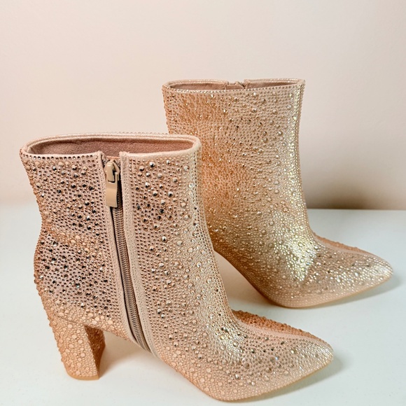 Berness Shoes - * Berness Rose Gold Ankle Boots With Rhinestone Embellishments 3" Block Heel